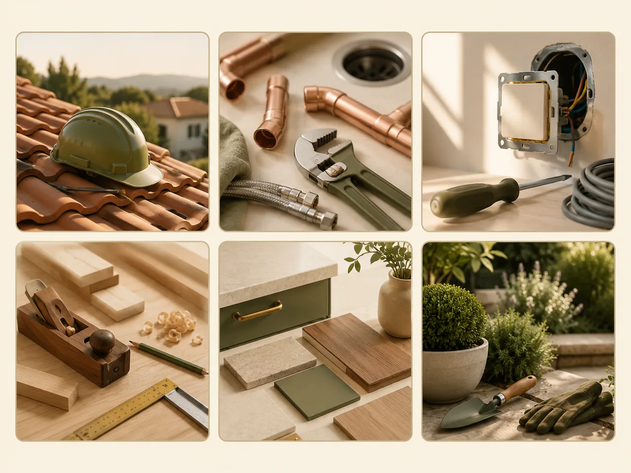 Les outils et matériaux des six métiers accompagnés — couverture, plomberie, électricité, menuiserie, agencement de cuisine et paysagisme