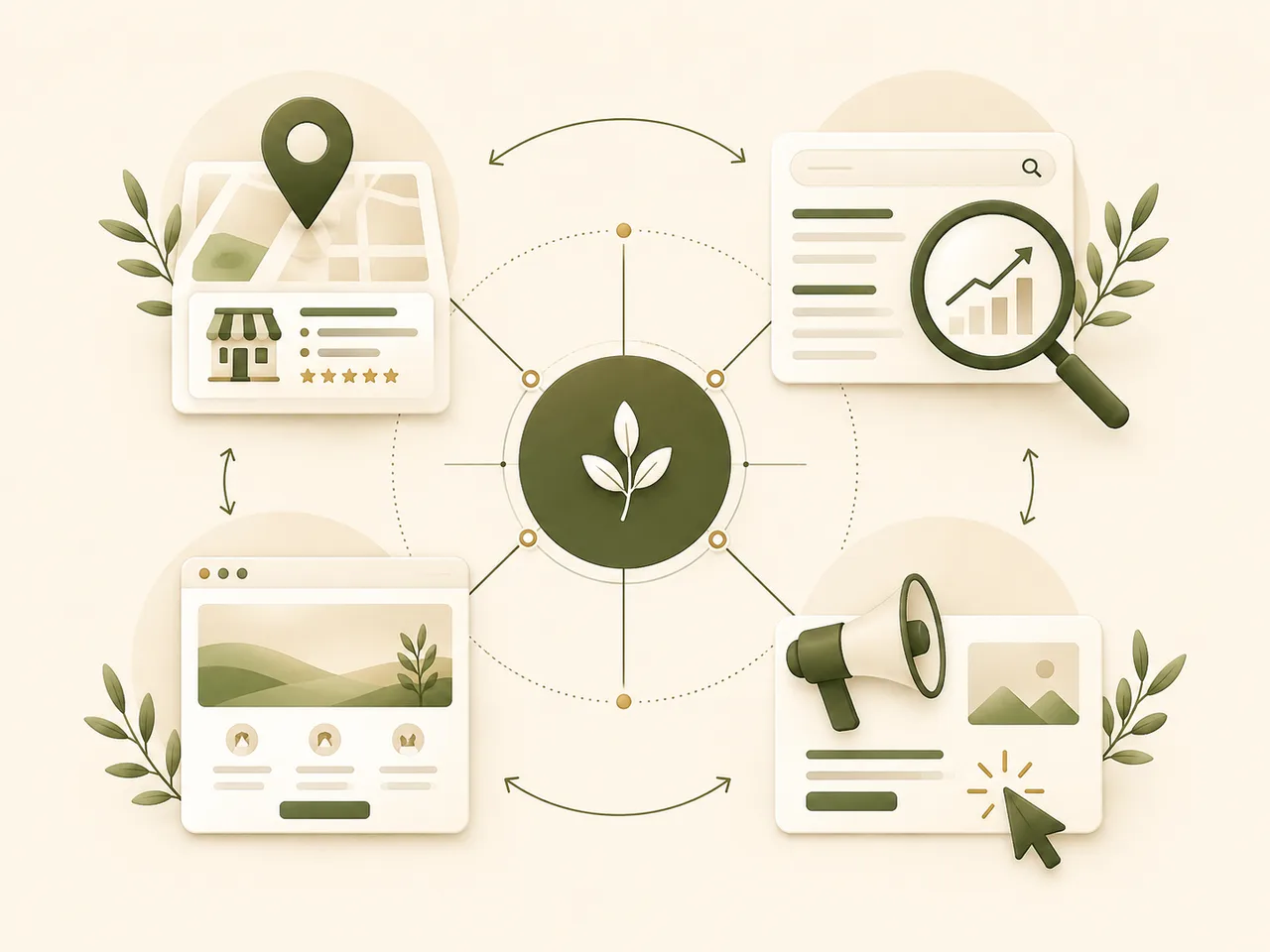 Les quatre leviers de visibilité locale — fiche Google My Business, référencement naturel, site web et Google Ads — et la façon dont ils se renforcent mutuellement